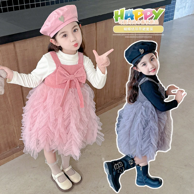 女童秋季蓬蓬裙套装2025新款儿童洋气蝴蝶结裙子女宝宝长袖公主裙