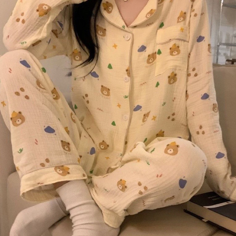 【单品上衣】纯棉双层纱布卡通印花全棉翻领睡衣女秋冬新款婴儿棉