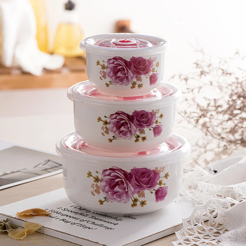 陶瓷保鲜碗三件套带盖便当盒微波炉饭盒冰箱收纳盒大号保鲜碗套装