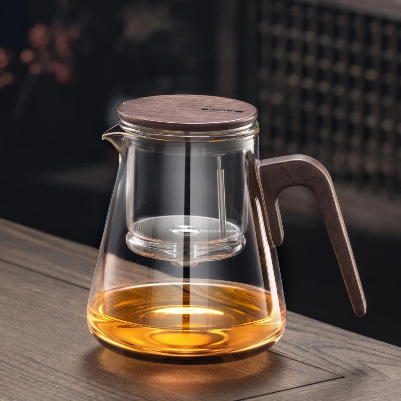 飘逸杯懒人一键过滤磁吸泡茶壶胡桃木把高档泡茶器全玻璃内胆茶具
