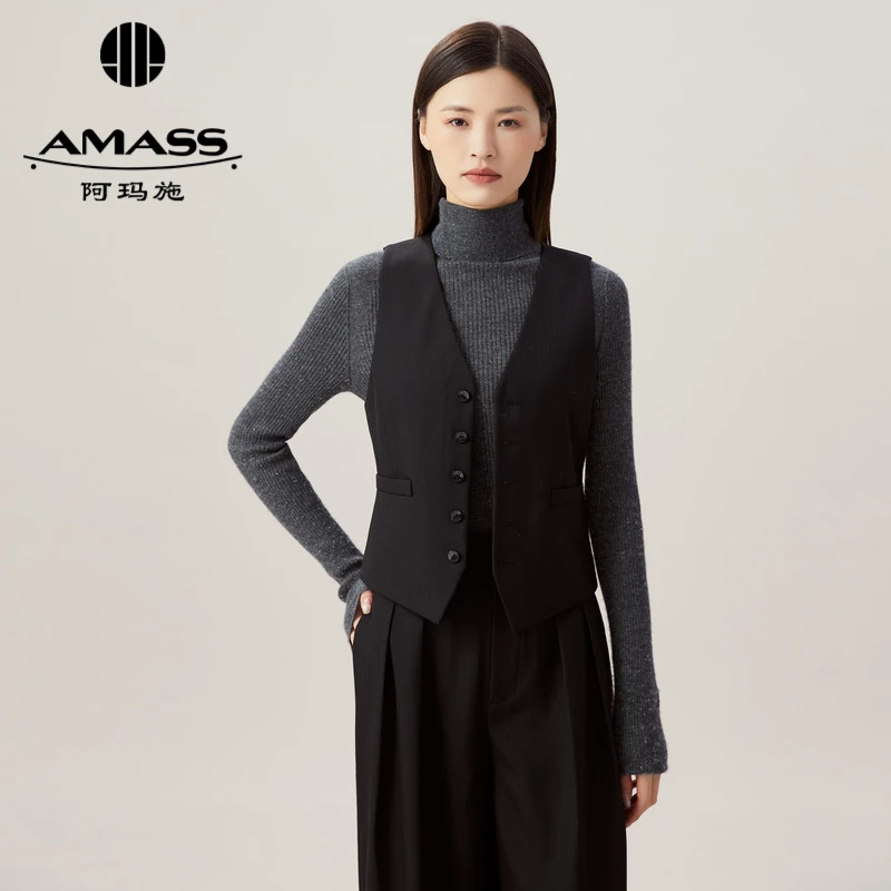 AMASS/阿玛施单排扣纯羊毛经典毛料西装马甲女5400680修身简约