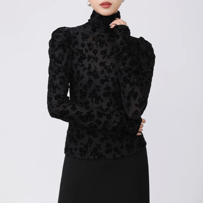 AMASS/阿玛施新款时尚潮流个性修身花纹蕾丝长袖上衣女5301068
