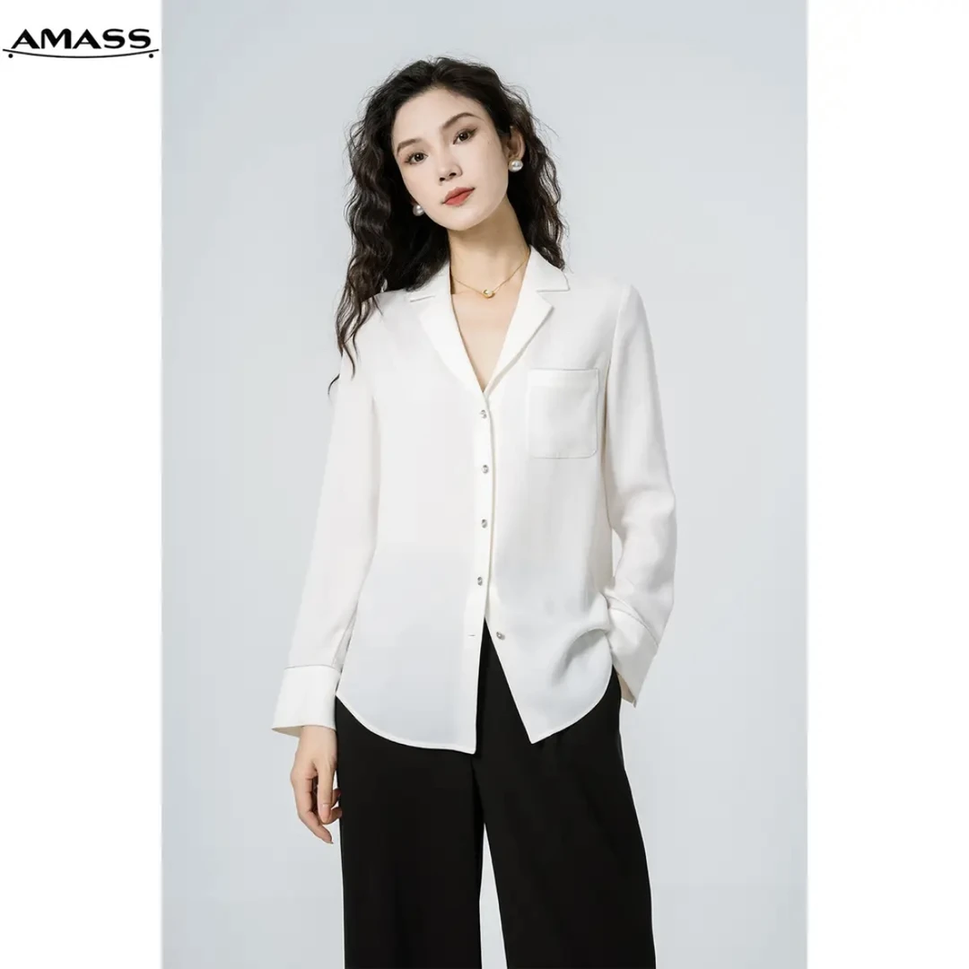 AMASS/阿玛施百搭V领单排扣长袖显瘦老爹衬衫女士时尚休闲5300594
