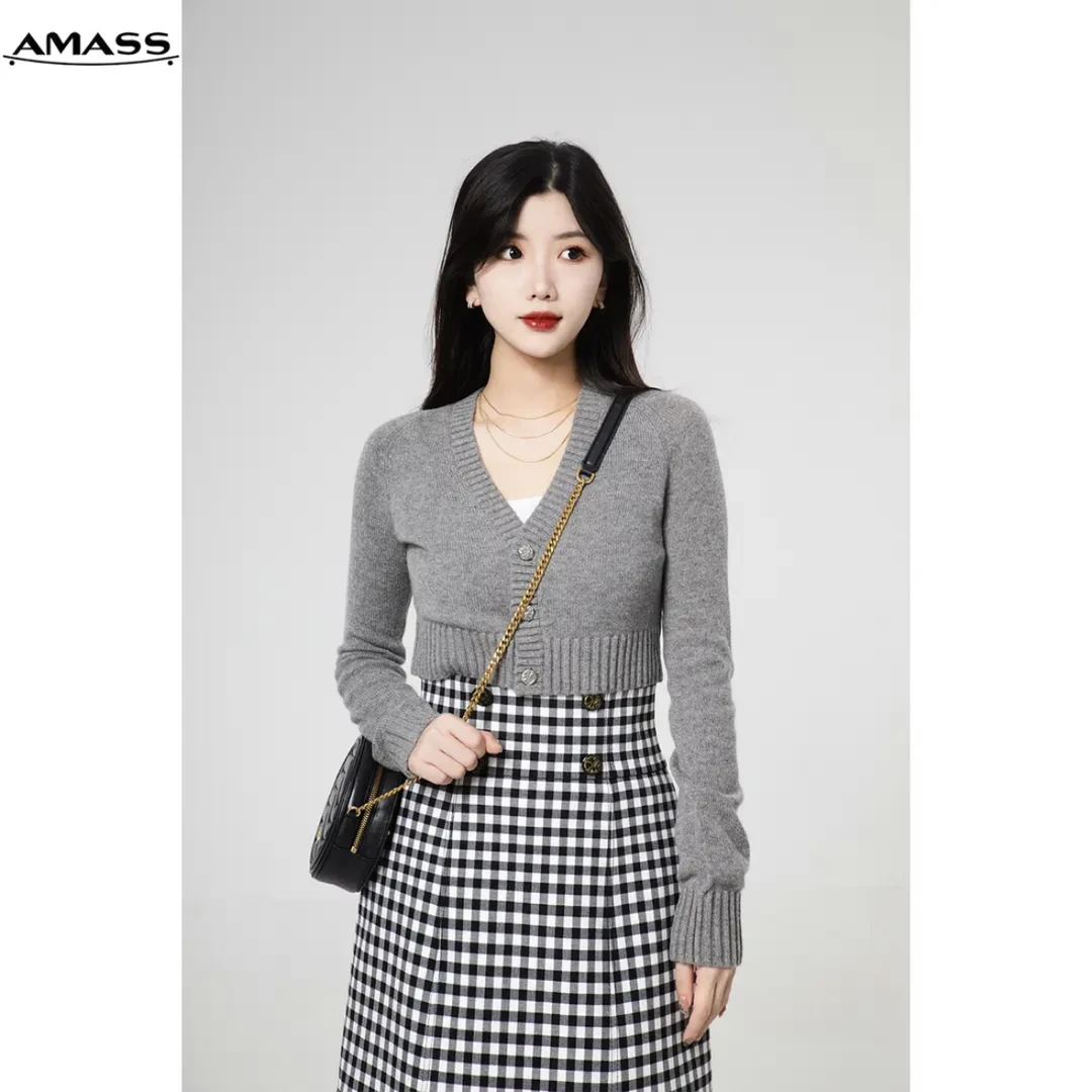 AMASS/阿玛施气质修身长袖V领纯羊绒百搭时尚显瘦针织开衫5499199