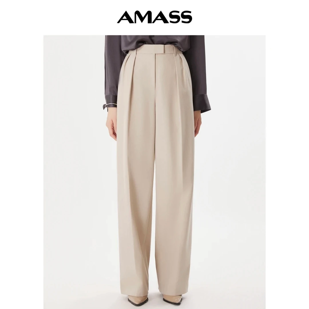 AMASS/阿玛施中高腰压褶休闲设计师宽松直筒显瘦长裤女5100349-2