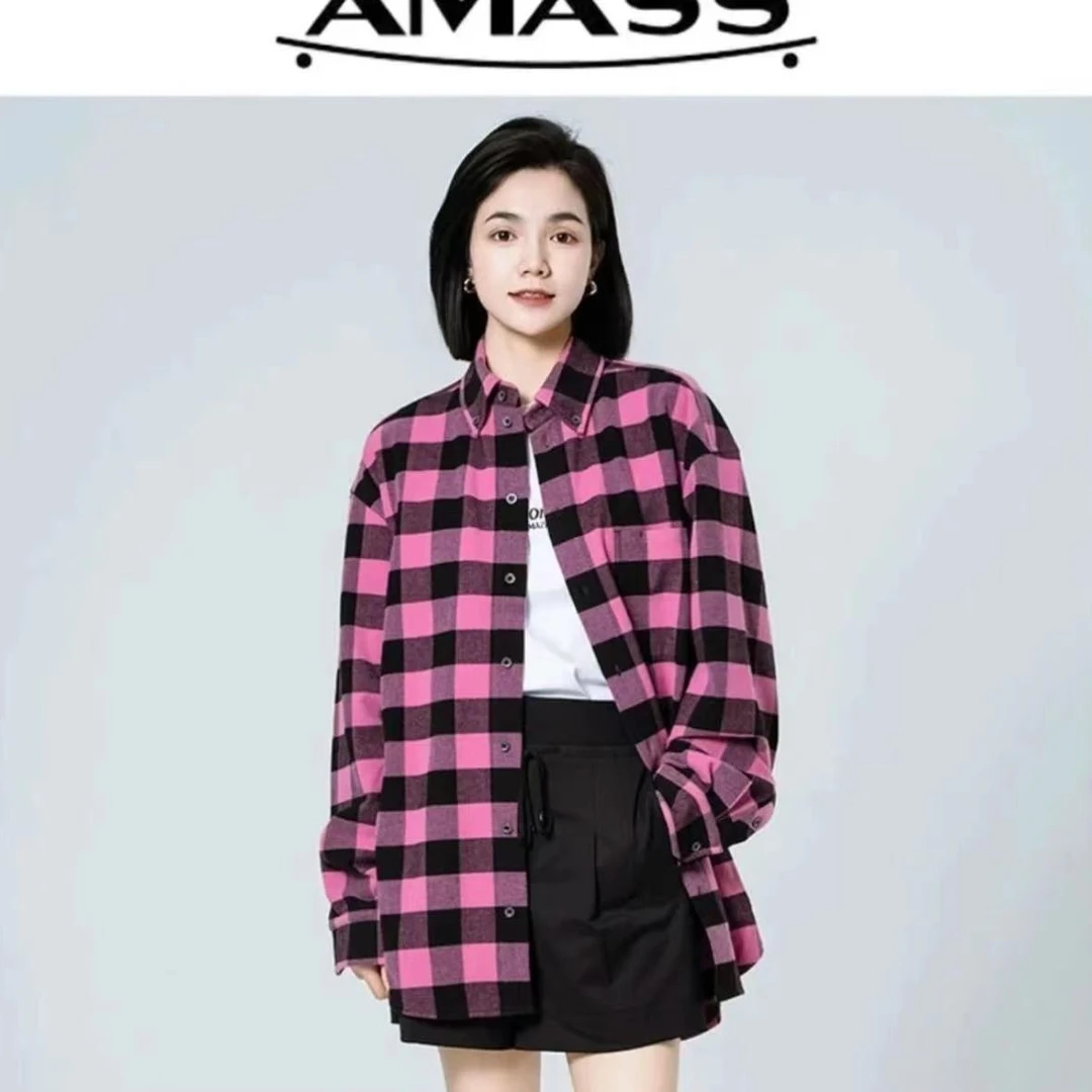 AMASS/阿玛施早秋质感百搭宽松男友风长袖粉格衬衫经典5300911