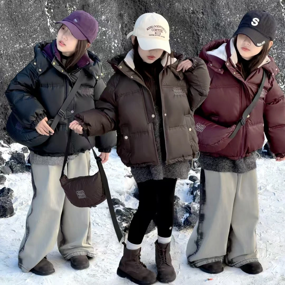 2024冬季新款女童韩版洋气小羊皮加厚连帽棉服（带包）