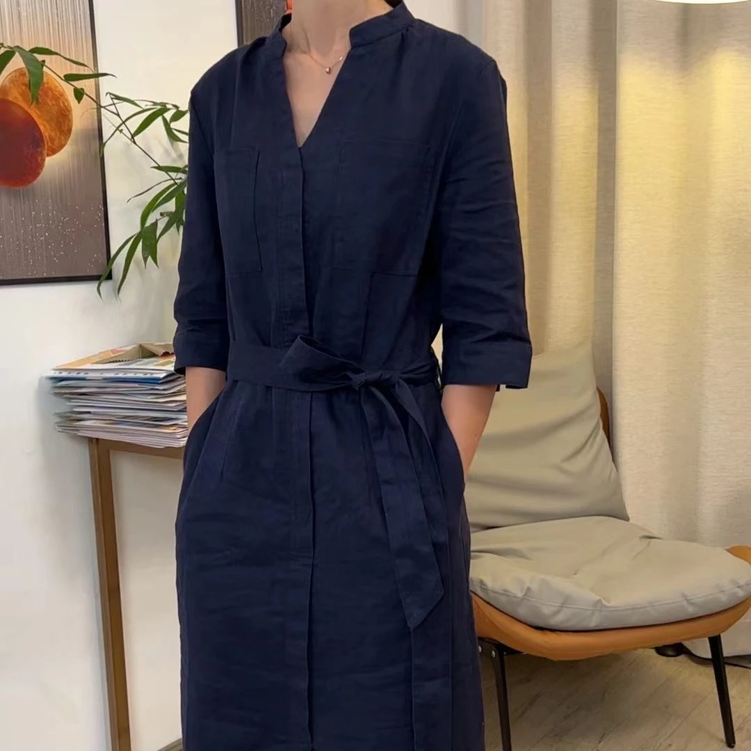 24款v领H形版100%进口亚麻高腰设计连衣裙显瘦富贵之选