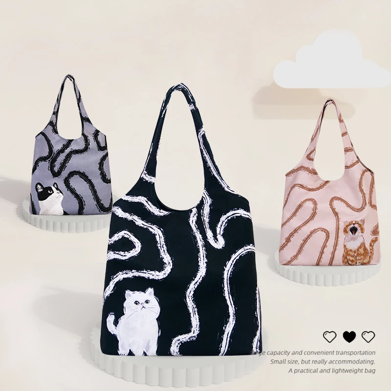 柚町x十一插画师原创线条猫猫简约百搭印花大容量上班学生单肩包