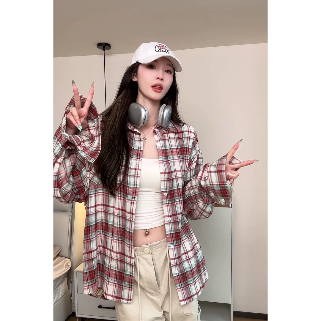【磨毛棉衬衫】衬衫上衣长袖复古宽松格子设计感小个子休闲格纹C328