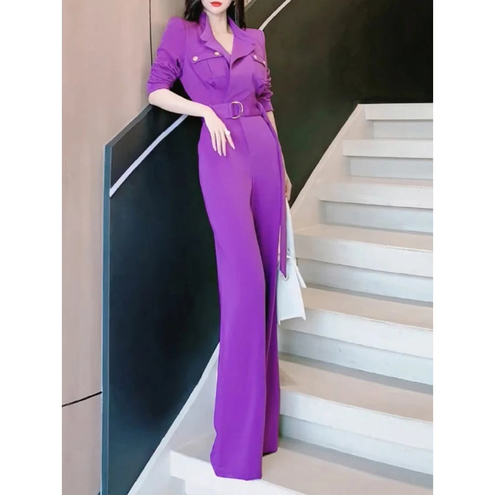 高级感别致名气质女神范轻熟御姐炸街紫色修身显瘦西装连体裤套装