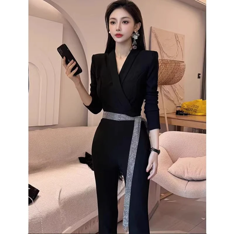 高级感轻奢黑色新款气质减龄收腰显瘦时尚百搭直筒裤子连体裤套装