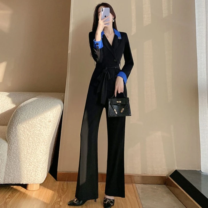 黑色春秋气质显瘦收腰长袖西装开叉修身阔腿裤套装女连体裤一整套