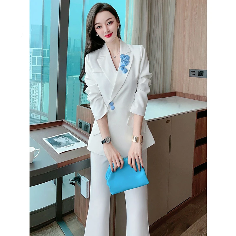 春秋装韩版白色气质女神范修身西装外套时尚套装微喇叭裤子两件套