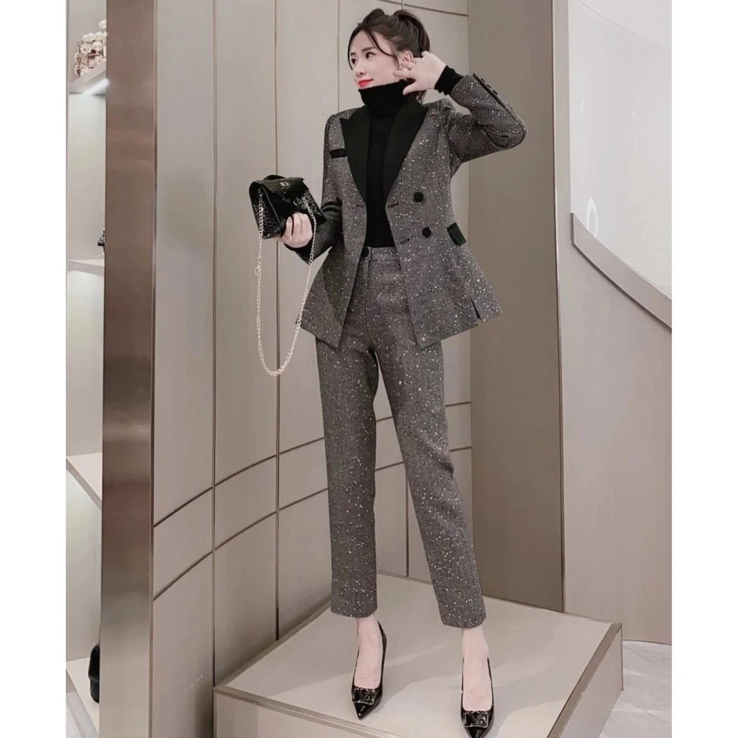 春秋新款气质女神范炸街重工亮片修身显瘦西装套装女长裤子两件套