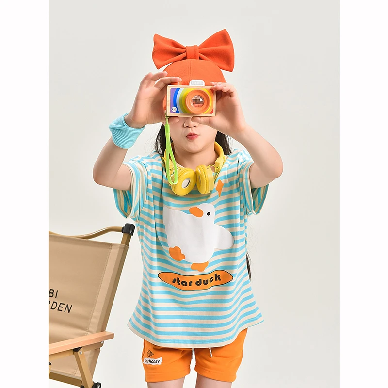 小蜜糖原创设计女童短袖T恤夏季运动时尚儿童洋气卡通条纹上衣