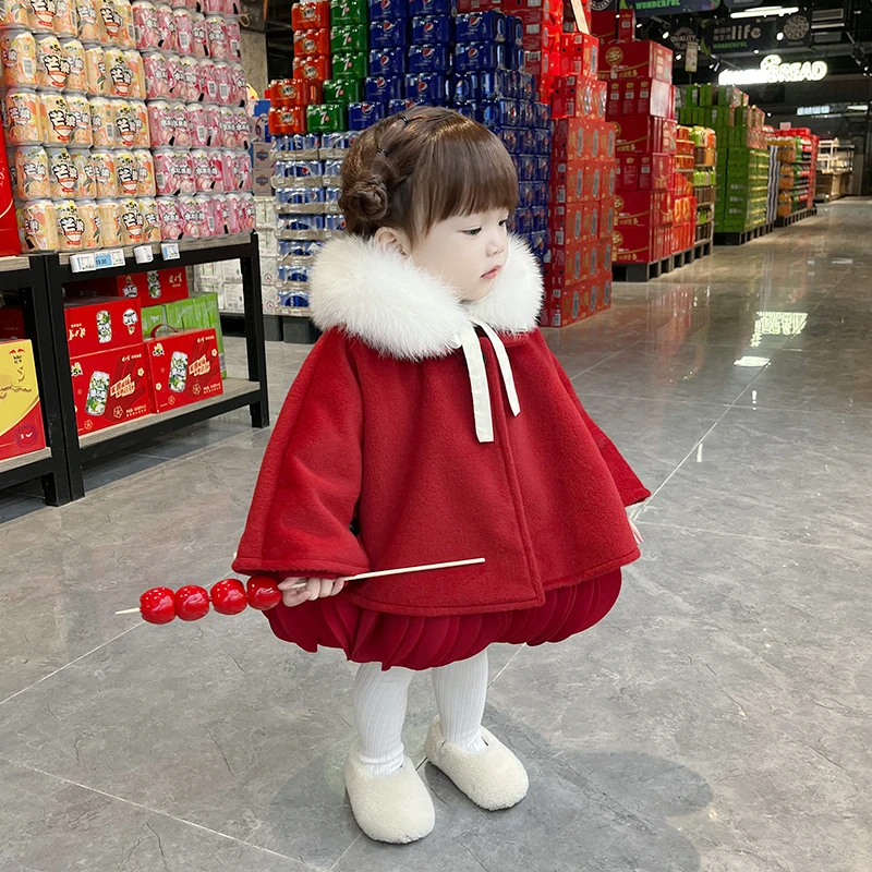 小蜜糖童装红色毛呢斗篷女童新年服拜年服洋气披风外套龙年新衣潮