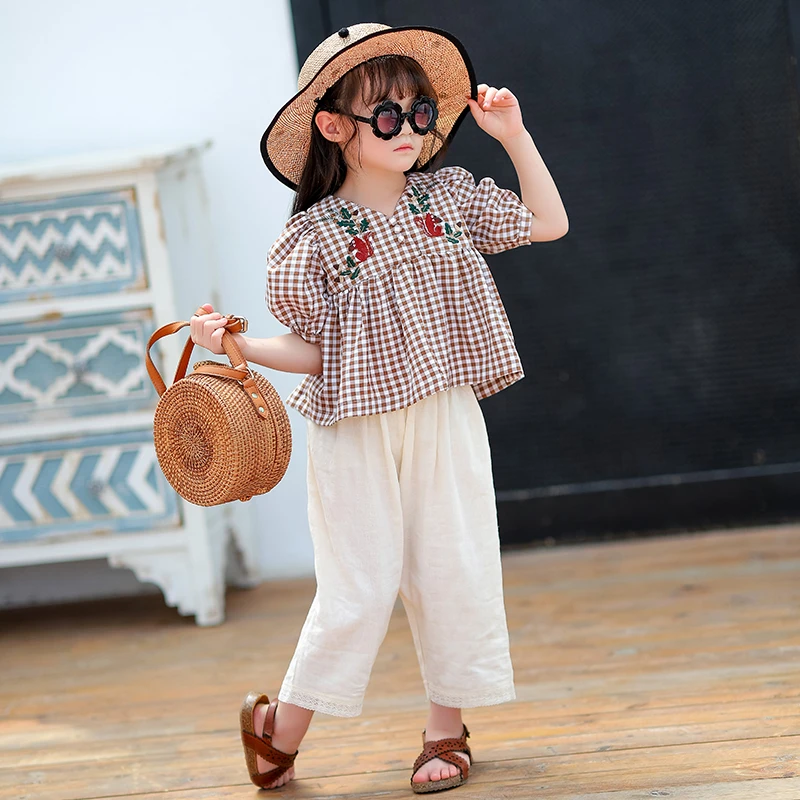小蜜糖童装女童套装洋气夏季韩版儿童格子刺绣衬衫小童休闲防蚊裤