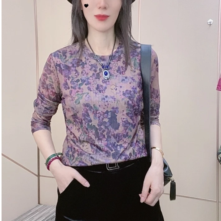 圆领柔软春季夏款葡萄紫肌肤纱长袖t恤女宽松遮肚打底衫外穿上衣T