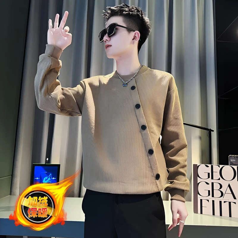 高级感灯芯绒卫衣男款春秋季潮流设计感排扣长袖衣服男内搭打底衫