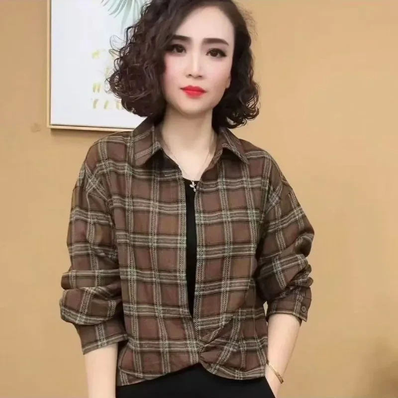 2025新款时尚秋季洋气百搭两件套格子衬衫宽松显瘦女士上衣+背心