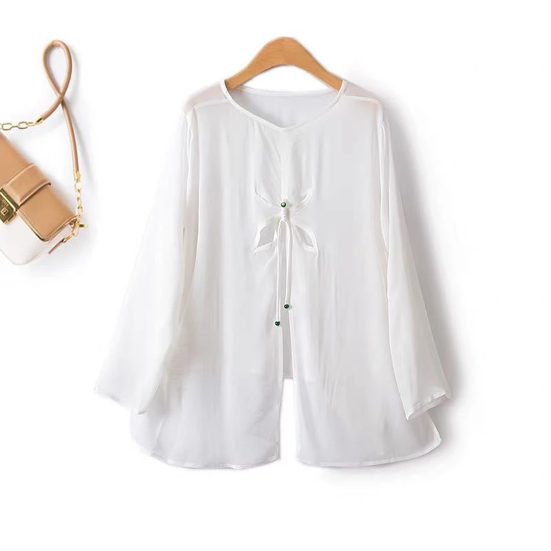 新中式国风薄衬衫女圆领镂空垂感不规则下摆复古气质雪纺衫上衣夏