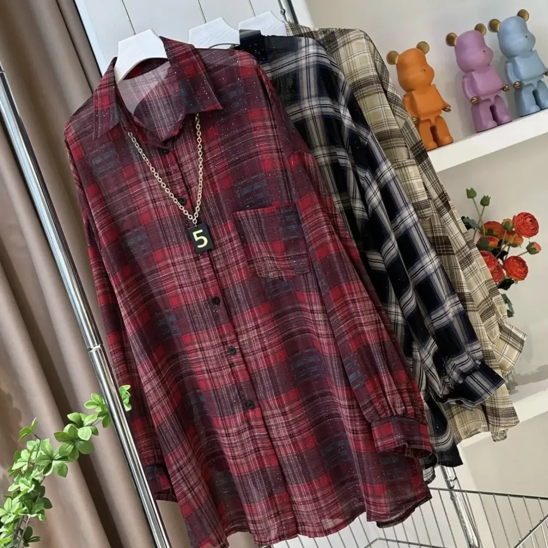 星空闪格子防晒夏季长袖宽松空调衫休闲中长款格纹衬衫上衣女