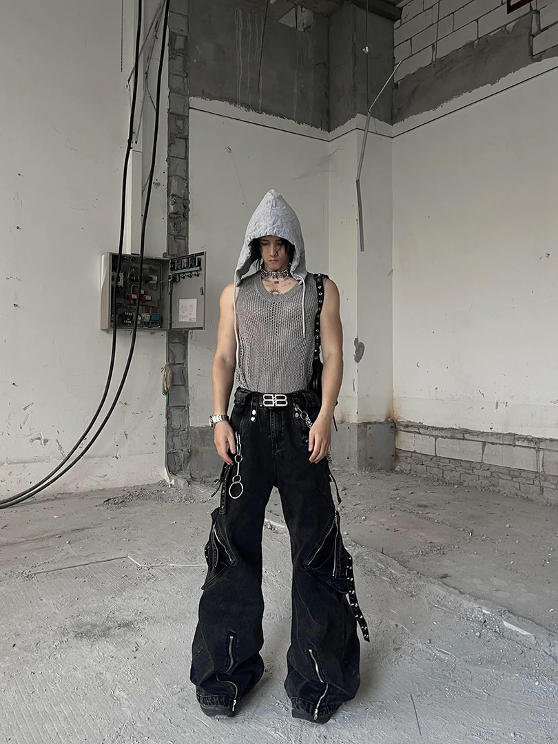 IHF“八稚”锐舞巅峰金属朋克八神裤废土高级重磅高级阔腿潮牛仔裤