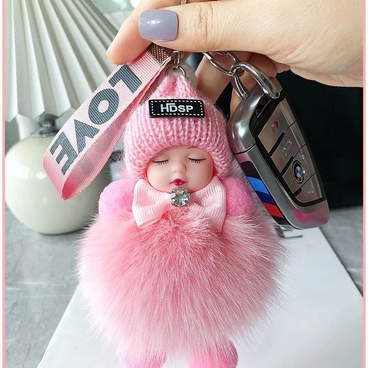 新款真狐狸毛高级抖音网红钥匙扣睡眠娃娃包包配件毛绒挂件皮草