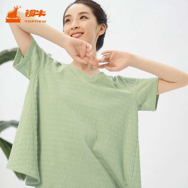 铜牛bless棉混纺横纹皱布心领女居家上装夏季休闲短袖衫VS282