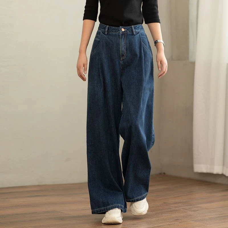 2025秋季复古垂感高腰宽松阔腿拖地裤女百搭休闲显瘦韩版牛仔裤女