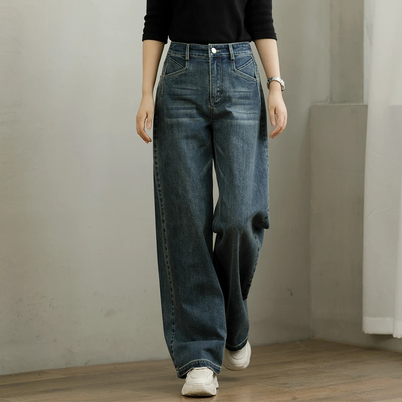 秋冬宽松高腰直筒牛仔裤显瘦百搭休闲复古拖地牛仔阔腿裤女款女孩