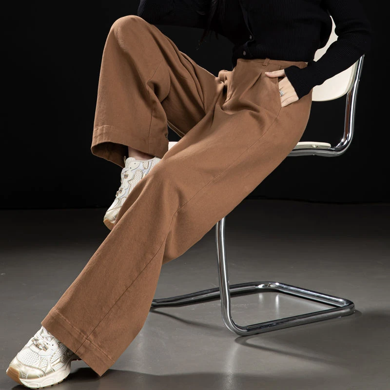 南瓜色休闲裤女秋冬百搭水洗棉裤子宽松阔腿裤女直筒拖地长裤女孩