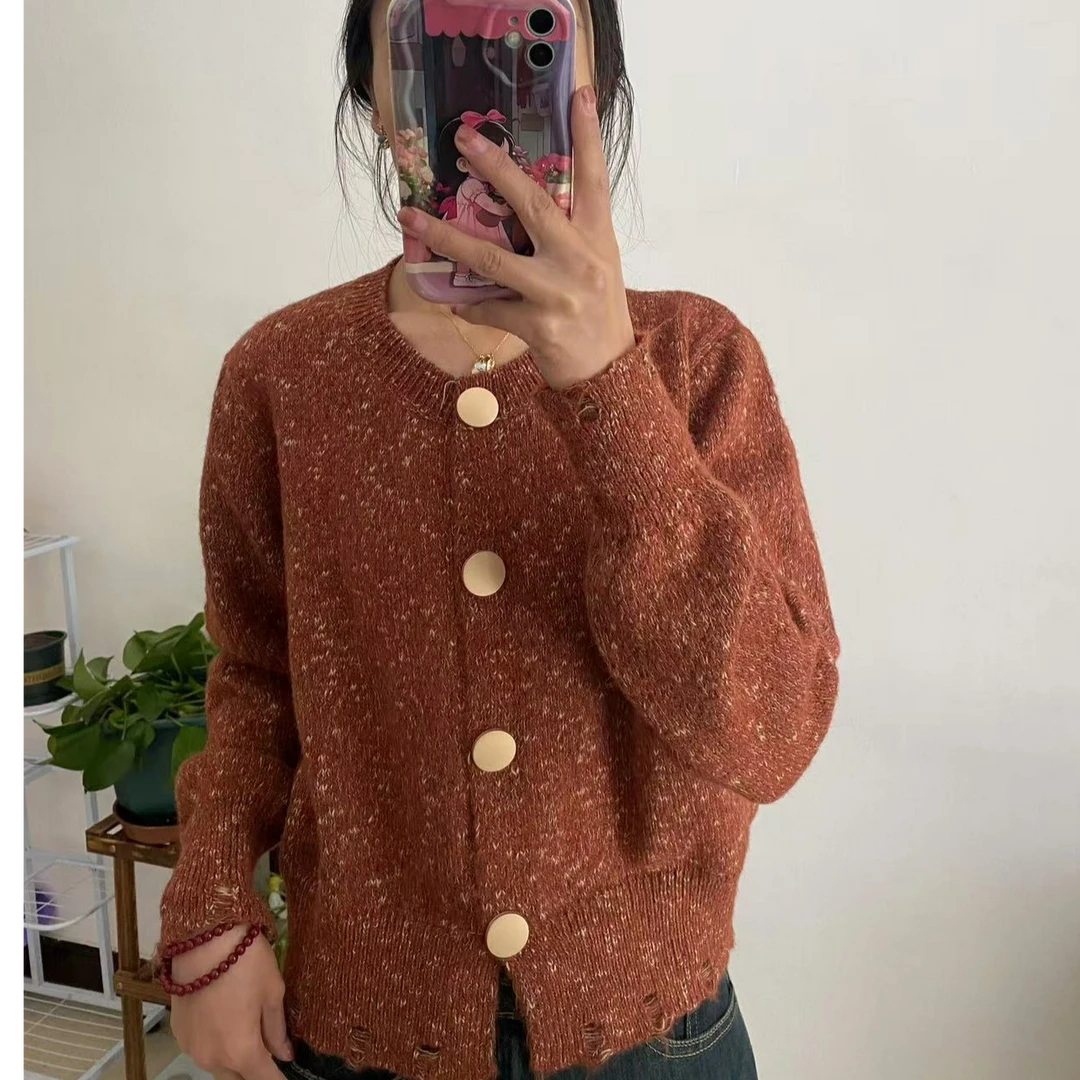 秋新款圆领毛衣混织设计感上衣下摆破洞洋气减龄短开衫