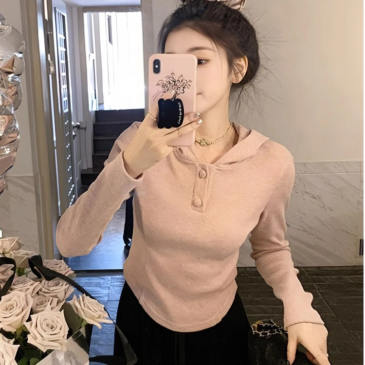 宝藏衣橱纯棉正肩小个子连帽紧身收腰长袖T恤女设计感小众上衣潮