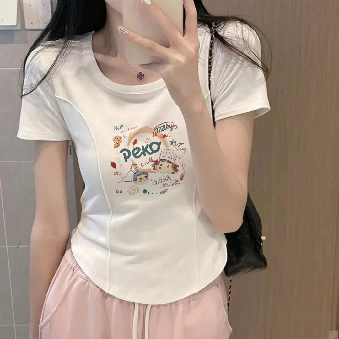 法式辣妹正肩短袖t恤女收腰显瘦设计感小众高腰短款上衣半袖女装