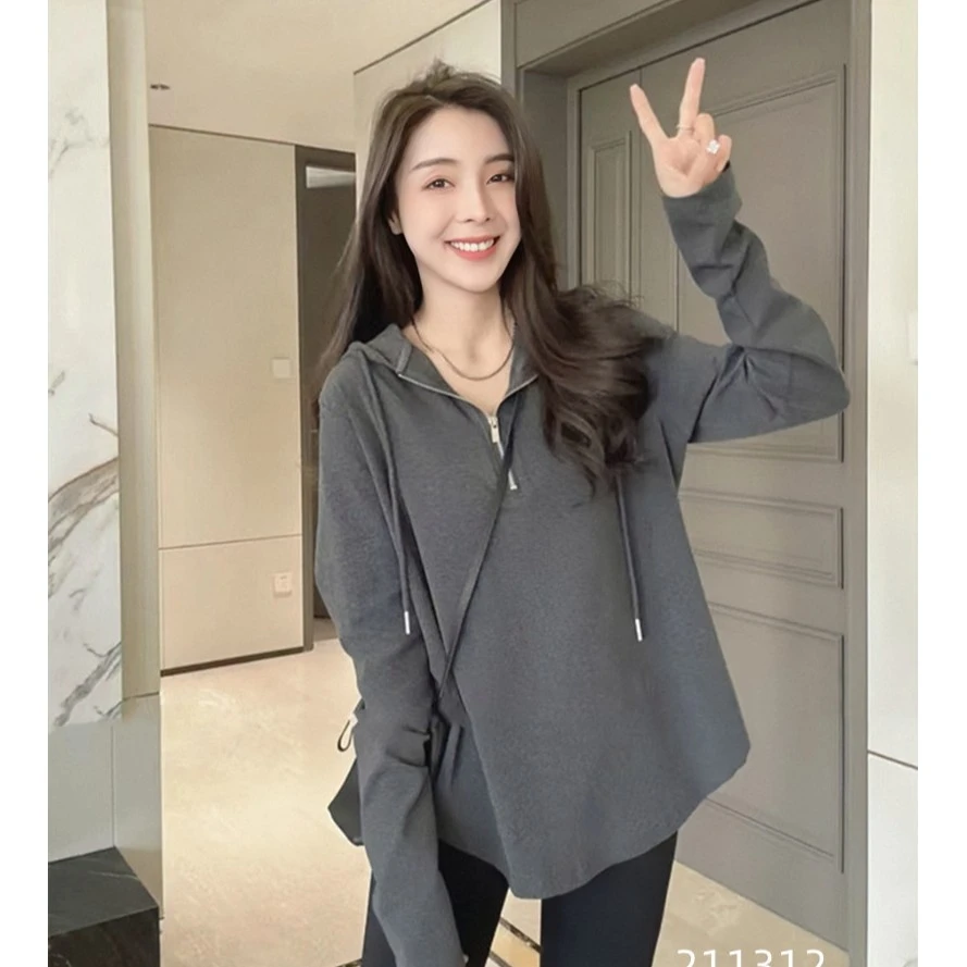 女款正肩长袖t恤女春秋中长款大码设计感小众上衣拉链连帽打底衫