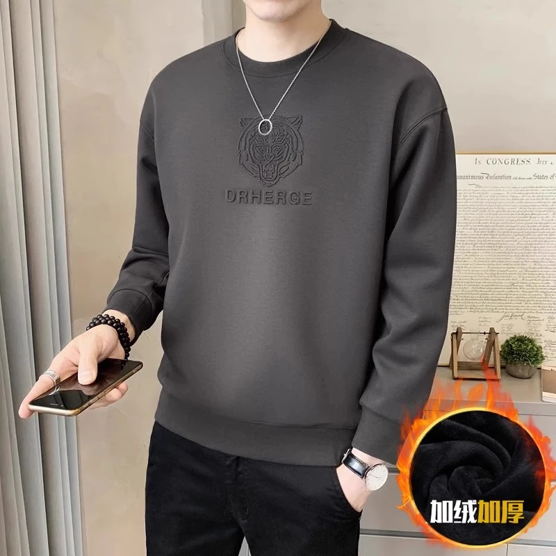 法乐琪纯色钢印男士卫衣2023新款潮流圆领宽松打底衫男冬装上衣服