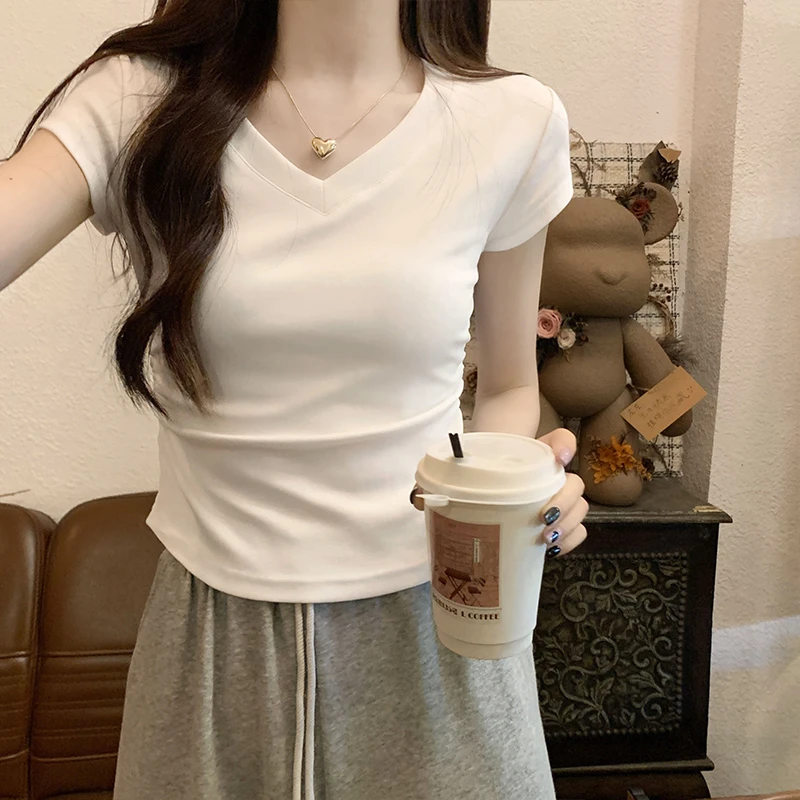 【粉丝专享】正肩v领短袖t恤女夏季设计感小众紧身短款辣妹上衣