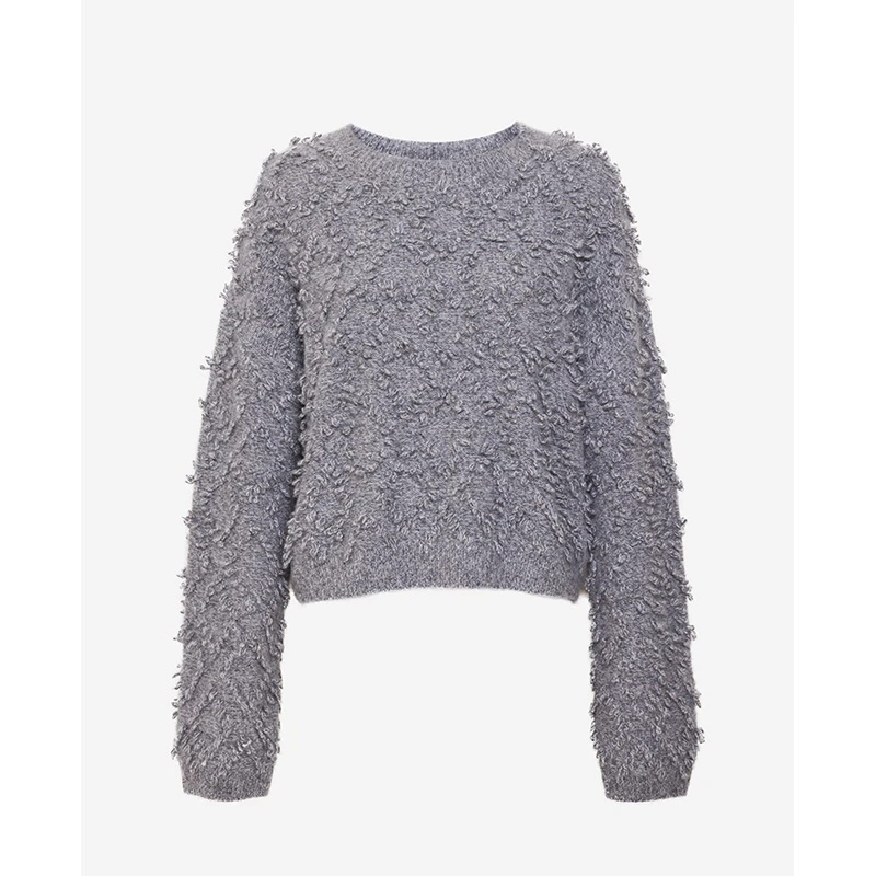 TRACYCHU秋冬千金洋气LP原绒CASHMERE丝羊绒艺术立体拉毛灰羊绒衫