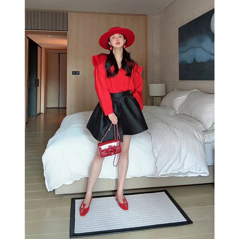 TRACYCHU黑色松紧腰翘摆百搭裤裙小众设计款半身裙千金清冷感贵系