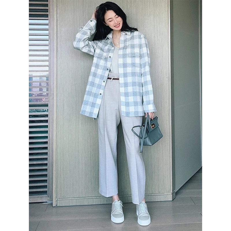 TRACY CHU 设计师时尚气质翻领男朋友风英伦气质格子长袖衬衫外套