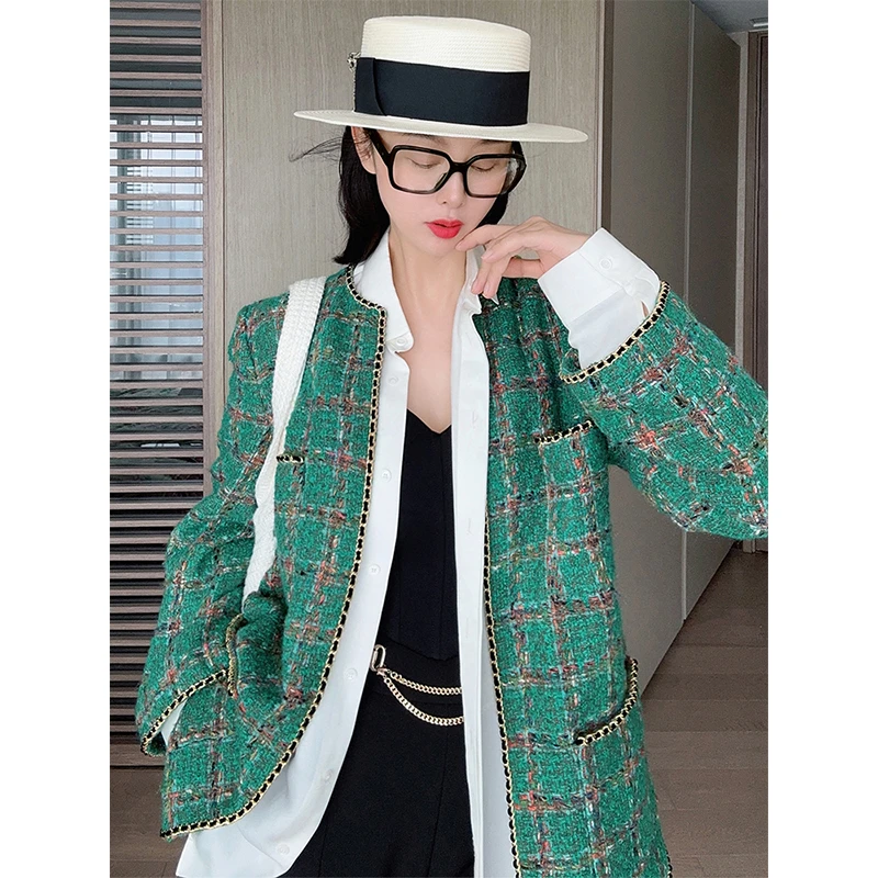 TRACYCHU时尚气质达喀尔配色森林绿全手工制作粗花呢宽松休闲外套