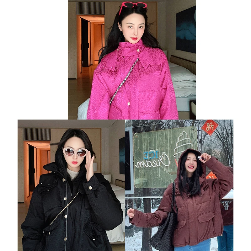 TRACYCHU三色暗豹纹双面一致制作工艺连帽款千金洋气白鹅绒羽绒服