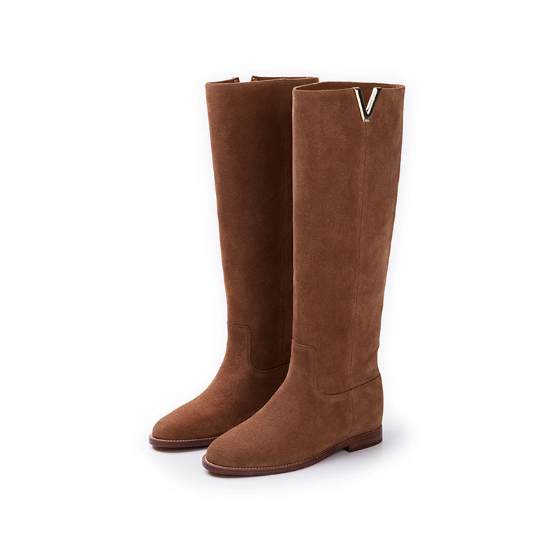 TRACYCHU 棕色舒适简约百搭反毛牛皮羊皮内里真皮大底内增高马靴