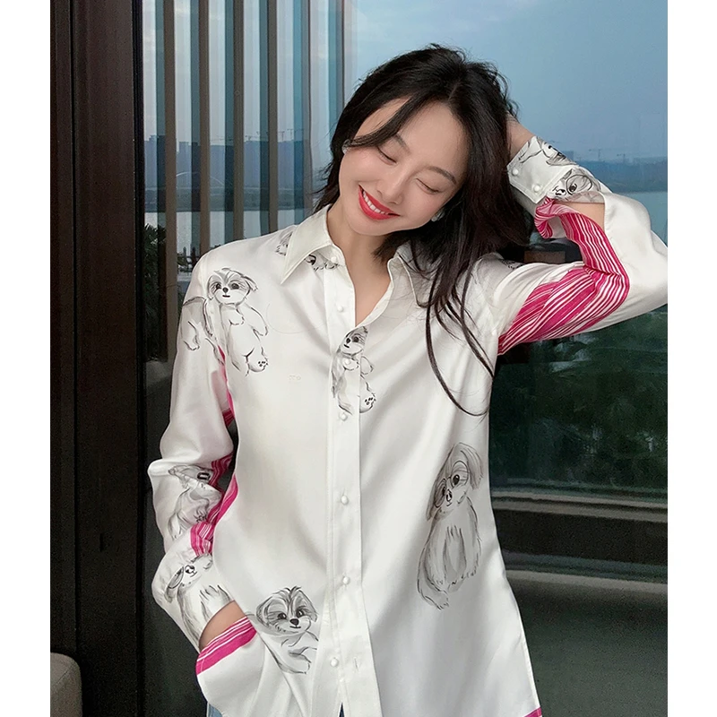 TRACY CHU 定位真丝纪念款我的萌宠之亨特小众时尚气质设计感衬衫