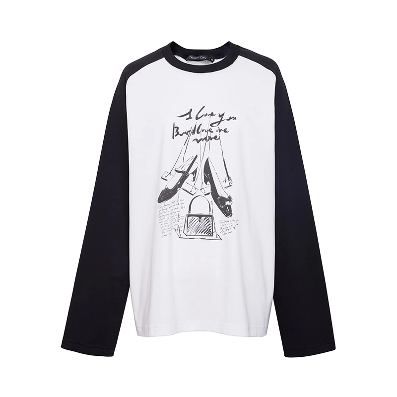 TRACY CHU冬季新品趣味涂鸦熊猫长袖休闲宽松时尚百搭印花圆领T恤