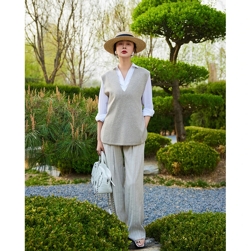 TRACYCHU收腰显瘦小众中长款金丝混麻重工高腰设计感休闲知性西裤