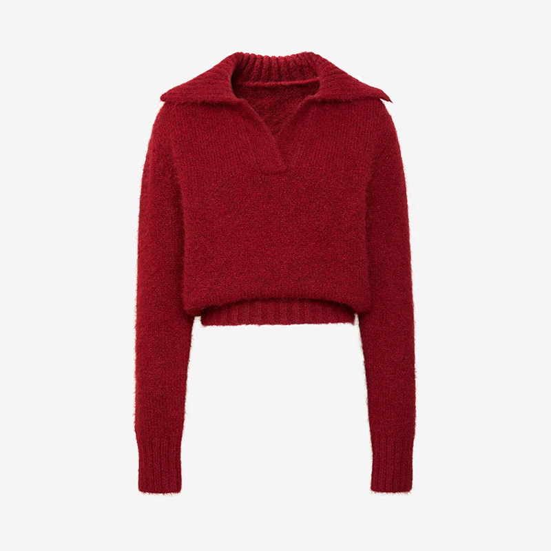 TRACYCHU中国红混毛MIU风 POLO款节日长袖翻领红色针织衫温婉大方