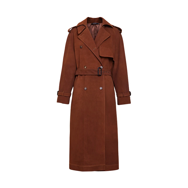 TRACYCHU意大利进口棕色超软翻毛羊皮超重工气质时尚百搭款皮风衣